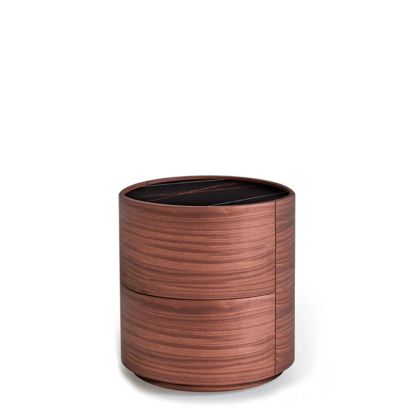 DEDALO ROUND 2 DRWRS NIGHTSTAND  - WALNUT/BLACK SAHARA MARBLE GLASS