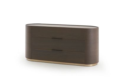 DEDALO 3 DRWRS DRESSER  - BURNT OAK/BRONZE GLOSSY PLINTH/BROWN HARD LEATHER HANDLE