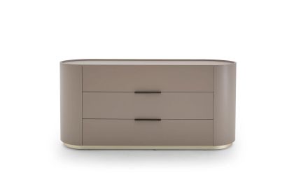 DEDALO 3 DRWRS DRESSER  - ECRU MEDIUM BEIGE/CHAMPAGNE MATT PLINTH/BROWN HARD LEATHER HANDLE