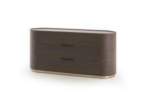 DEDALO 3 DRWRS DRESSER  - BURNT OAK/BRONZE GLOSSY PLINTH/BROWN HARD LEATHER HANDLE