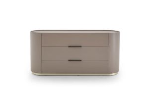 DEDALO 3 DRWRS DRESSER  - ECRU MEDIUM BEIGE/CHAMPAGNE MATT PLINTH/BROWN HARD LEATHER HANDLE