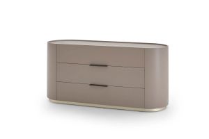 DEDALO 3 DRWRS DRESSER  - ECRU MEDIUM BEIGE/CHAMPAGNE MATT PLINTH/BROWN HARD LEATHER HANDLE