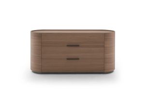 DEDALO 3 DRWRS DRESSER - WALNUT/TITANIUM GLOSSY PLINTH/BROWN HARD LEATHER HANDLE