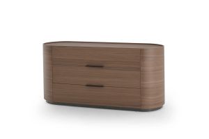 DEDALO 3 DRWRS DRESSER - WALNUT/TITANIUM GLOSSY PLINTH/BROWN HARD LEATHER HANDLE