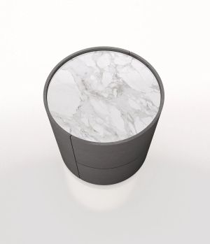 DEDALO ROUND NIGHTSTAND - DARK GREY ASH/CALACATTA MARBLE GLASS