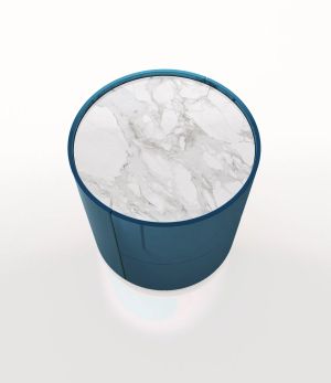 DEDALO ROUND NIGHTSTAND - HG PETROL BLUE MIRTO /CALACATTA MARBLE GLASS