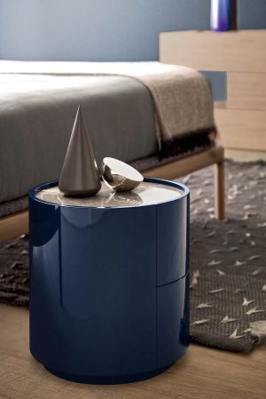 DEDALO ROUND NIGHTSTAND - HG PETROL BLUE MIRTO /CALACATTA MARBLE GLASS